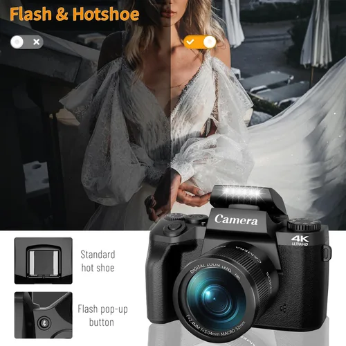 Miniatura 3 de Saneen Cámara digital, cámaras 4K para fotografía, pantalla táctil WiFi de 64 MP con flash, tarjeta de 32 GB, capucha de lente, batería de 3000 mAh