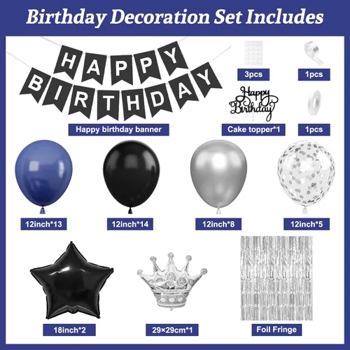 Miniatura 2 de Decoraciones de cumpleaños azul marino y negro para hombres, globo de confeti negro y azul con pancarta de "Happy Birthday", cortinas con flecos