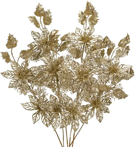 6 piezas de selecciones para árbol de Navidad de 25 pulgadas con purpurina, flores de Pascua con purpurina en aerosoles con flores, hojas de acebo,