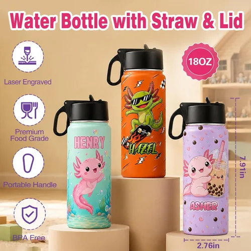 Miniatura 3 de Personalized Kids Water Bottles with Name for School Double Wall Custom 18 oz Stainless Steel Insulated Water Cup with Straw Lid Customized Gifts