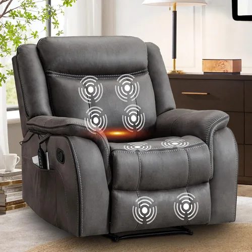 Silla reclinable de masaje con calor, sillas reclinables de piel sintética para adultos, 39 pulgadas de ancho, silla de descanso ergonómica Gris
