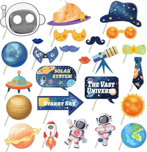 25 piezas de accesorios para cabina de fotos espaciales con palo, accesorios para selfies con temática de galaxia, suministros de fiesta de