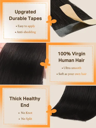 Miniatura 3 de DOORES Extensiones de cabello humano con cinta, color negro azabache, 26 pulgadas, 20 unidades, 20 unidades, 20 unidades, extensiones de cabello