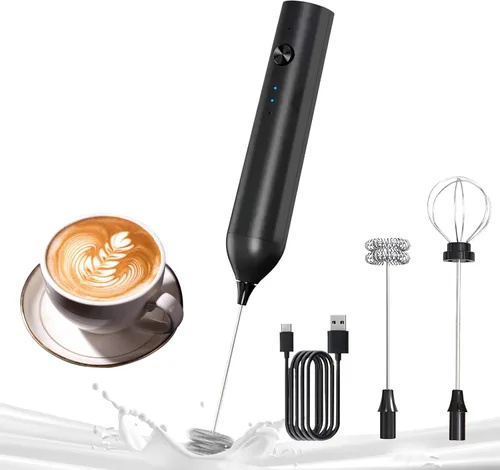 YARRAMATE - Varilla eléctrica para espumar leche, mezclador de café recargable rápido con 2 cabezales y 3 velocidades, agitador manual para bebidas,