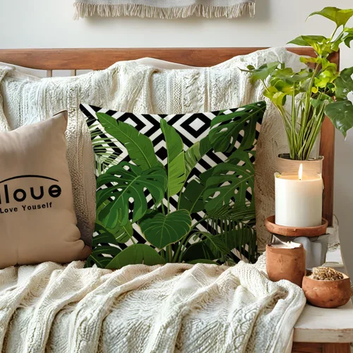 Miniatura 2 de ULOVE LOVE YOURSELF Paquete de 2 fundas de almohada cuadradas decorativas con diseño de hojas verdes tropicales con fondo geométrico, fundas