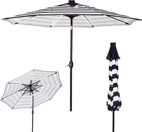 Sunnyglade Sombrilla solar de patio con luz LED para exteriores de 9 pies con 8 tiras de luces LED y 8 varillas, práctico sistema de elevación de