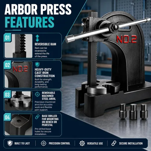 Miniatura 5 de 2 Ton Arbor Press, Heavy-Duty Manual Desktop Press, 8.5in Work Height, Hand Wheel Arbor Press with Reversible Ram & Removable Anvil, Cast Iron