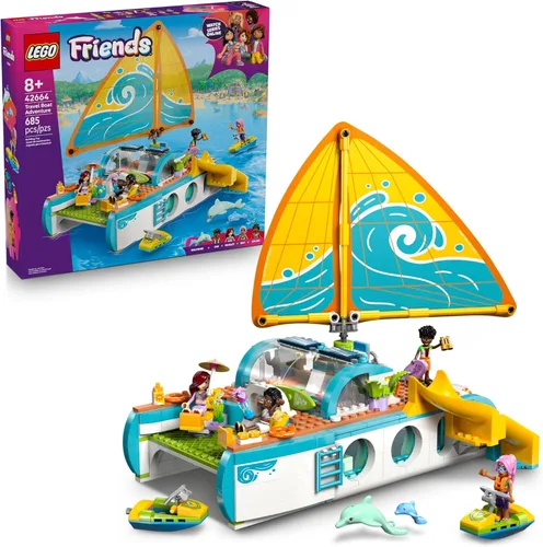 LEGO Friends 42664 - Juguete de construcción de aventura de viaje, barco de juguete con figuras de delfines juguetones y 4 minidollos, idea de