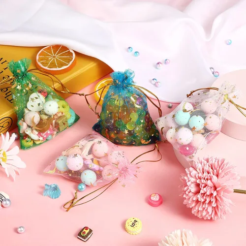 Miniatura 5 de Shappy 150 bolsas de organza con cordón, pequeñas estrellas y luna, bolsa de regalo de malla, bolsas de regalo de malla con estrellas doradas