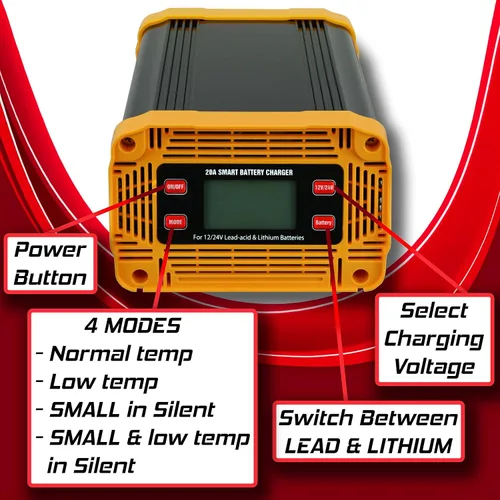 Miniatura 2 de Cargador de batería inteligente de 20 amperios, 12V/20A y 24V/10A, para litio, LiFePO4 y plomo-ácido (AGM/Gel/SLA/MF), para automóvil, barco