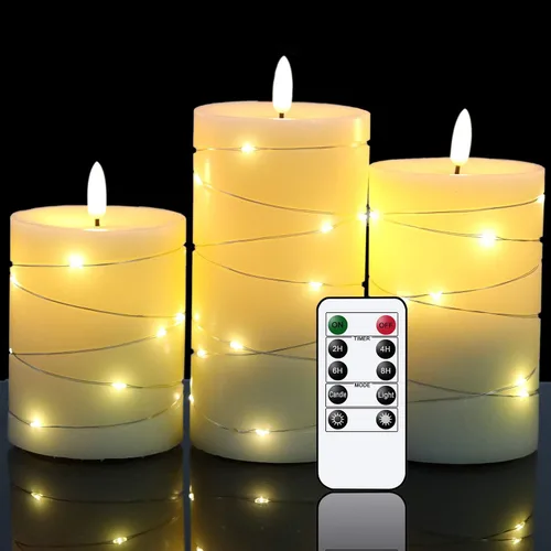 Velas sin llama parpadeantes con luz de cadena y temporizador remoto, juego de 3 velas de columna operadas con baterías, cera real, mecha 3D, luz