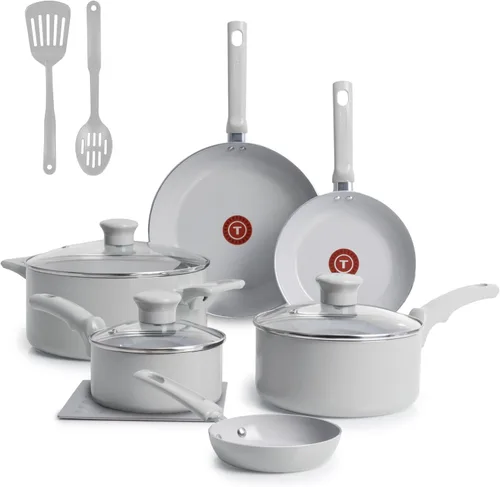 T-Fal Refresh - Juego de batería de cocina antiadherente de cerámica, juego de ollas y sartenes de cerámica de 12 piezas, incluye olla grande, Gris