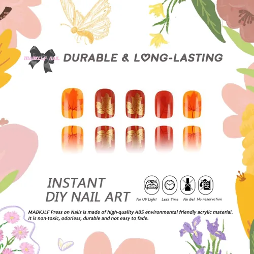 Miniatura 2 de Uñas postizas a presión de otoño, uñas postizas cortas cuadradas de MABKJLF con diseños de hojas de arce, pegamento brillante en uñas, uñas