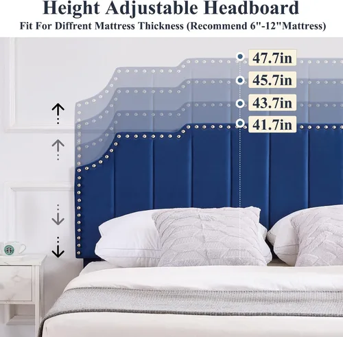 Miniatura 5 de VECELO Base de cama tamaño matrimonial tapizada con cabecera ajustable copetuda/base de colchón con soporte de listones de madera, fácil montaje