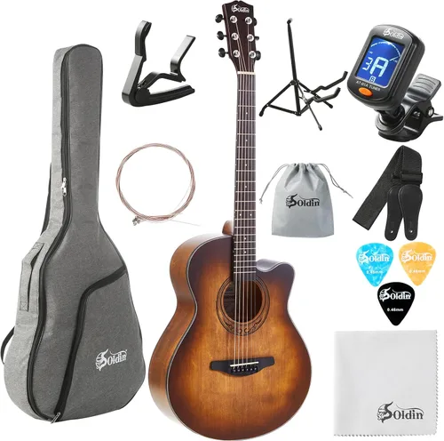 Miniatura 9 de Kit de guitarra acústica de 40 pulgadas con tapa de abeto sólido de alta calidad, con bolsa de concierto, soporte de guitarra, afinador, correa