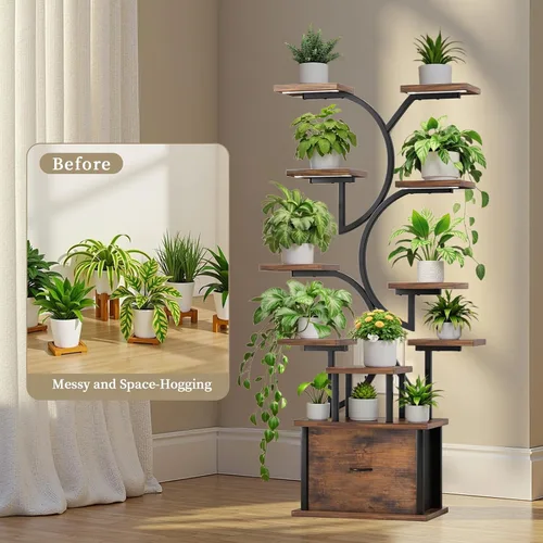 Miniatura 3 de Soporte para plantas de interior con luces de crecimiento, estante para plantas de 11 niveles con cajón, soportes de esquina de 65 pulgadas