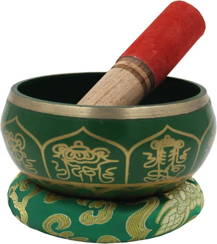 Miniatura 2 de DharmaObjects Mediano ~ Juego de cuencos cantantes Om ~ Con mazo, cojín de brocado y bolsa de transporte ~ Para meditación, curación de chakras