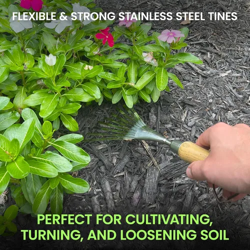 Miniatura 3 de Garden Guru - Rastrillo de mano ecológico, 100% acero inoxidable reciclado, resistente a la corrosión, mango ergonómico de madera certificado FSC