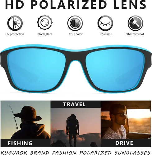 Miniatura 27 de KUGUAOK Gafas de sol deportivas polarizadas para hombres, para conducir, ciclismo, pesca, gafas de sol 100% con protección UV 3apck-negro+azul+azul