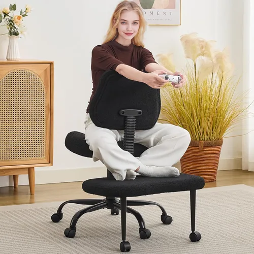 Silla ergonómica de oficina con patas cruzadas, silla para TDAH, asiento ajustable de altura ancha, reposapiés giratorio de 360° con ruedas, silla