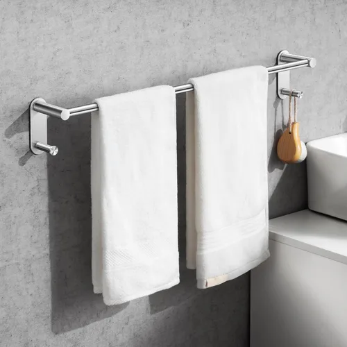 Toallero adhesivo de 24 pulgadas – Toallero de acero inoxidable para baño, soporte de toalla sin perforaciones con 2 ganchos, níquel cepillado