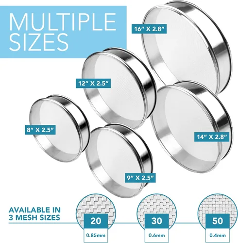 Miniatura 5 de Vollum Tamiz de Harina de Acero Inoxidable de Malla Fina Redondo para Hornear de 12" de Diámetro x 2.5" de Alto; 50 Malla (Tamaño de Agujero 0.3mm)