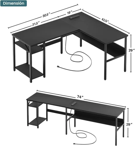 Miniatura 3 de Unikito Escritorio reversible en forma de L con tomas de corriente mágicas y puertos de carga USB, escritorio de esquina resistente para computadora