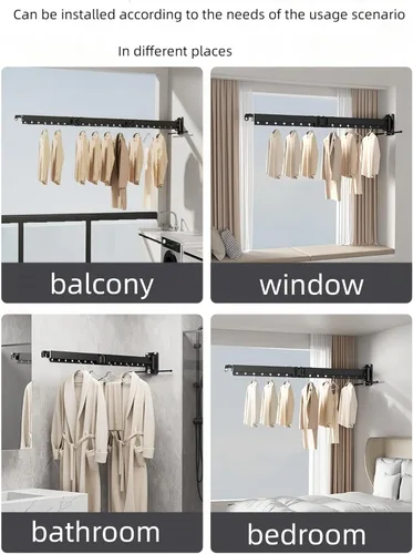 Miniatura 5 de Estante de ropa montado en la pared, estante de secado de ropa plegable extendido para dormitorio y baño, estante de secado de ropa elástico