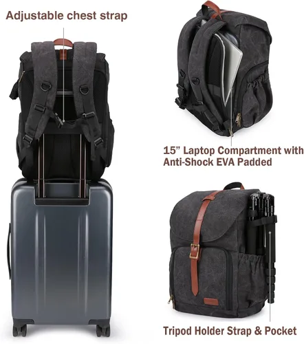 Miniatura 5 de BAGSMART Mochila para cámara DSLR SLR, bolsa impermeable para cámara, mochila antirrobo para fotografía con compartimento para laptop de 15 B-negro