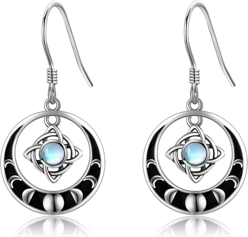 Pendientes de nudo de brujas de plata de ley, aretes de nudo mágico de bruja, piedra lunar, joyería pagana, joyería de fase para mujeres y niñas,