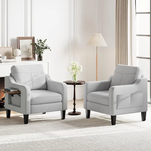 Miniatura 16 de Silla de acento para sala de estar, sillón moderno tapizado en lino, silla de sofá lateral de tela con estructura de madera con mesa plegable, 2