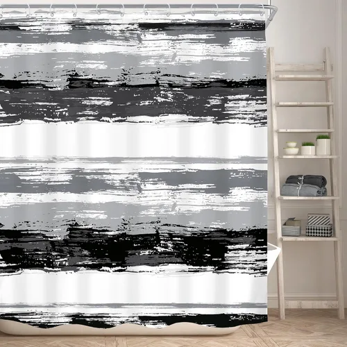 Miniatura 2 de KOMLLEX Cortina de ducha abstracta en blanco y negro para decoración de baño, 60 pulgadas de ancho x 72 pulgadas de alto, moderna a rayas grises