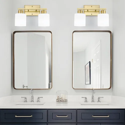 Miniatura 7 de WILON 2 luces doradas cepilladas, accesorios de iluminación de tocador de baño con pantallas de vidrio esmerilado blanco leche, modernas luces