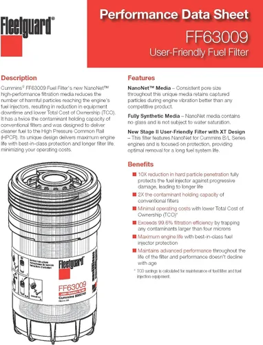 Miniatura 2 de Fleetguard FF63009 (Cummins 5303743) Filtro de combustible con filtración NanoNet de alto rendimiento para motor Cummins serie B/L, capacidad