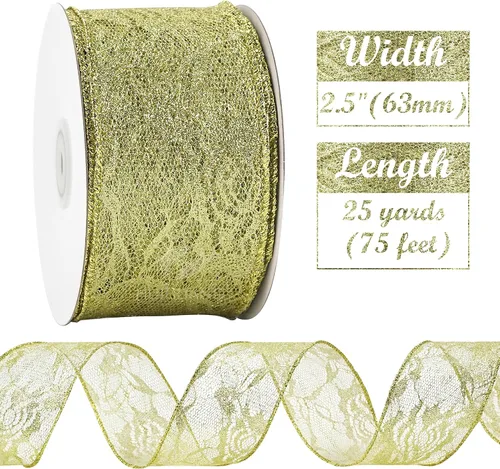 Miniatura 2 de HUIHUANG Cinta de encaje con alambre para árbol de Navidad, 2.5 pulgadas x 25 yardas, cinta de alambre con purpurina dorada para árbol de Navidad