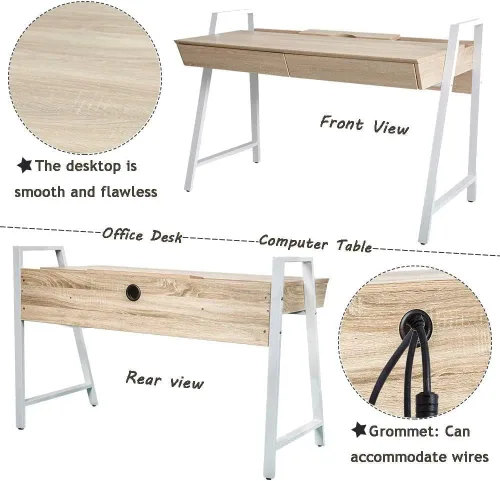 Miniatura 5 de LUCKYERMORE Escritorio para computadora de oficina en casa, mesa de pie de madera de roble de 50 pulgadas con 2 cajones, escritorio de estudio