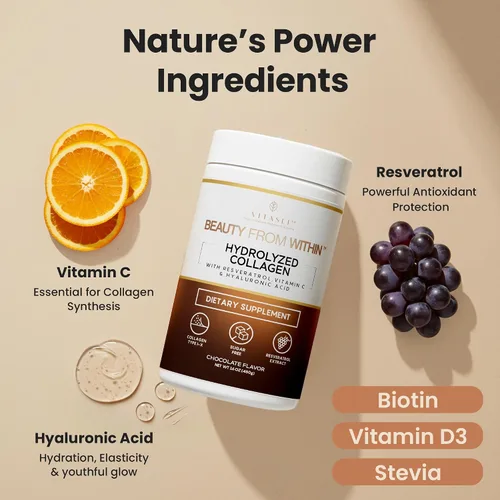 Miniatura 4 de VITASEI Polvo de péptidos de colágeno hidrolizados con resveratrol y vitamina C - Soporte para cabello, piel, uñas y articulaciones - Colágeno