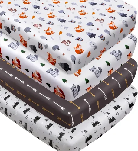 Juego de 4 sábanas ajustables unisex para cuna de bebé, diseño de animales del bosque del bosque, de madera, neutro, para bebés, niños o niñas,