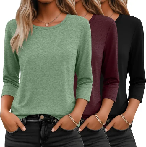 Miniatura 34 de Ficerd Paquete de 3 camisetas de manga 3/4 para mujer, cuello redondo, camisetas básicas elegantes, casuales, modernas, holgadas