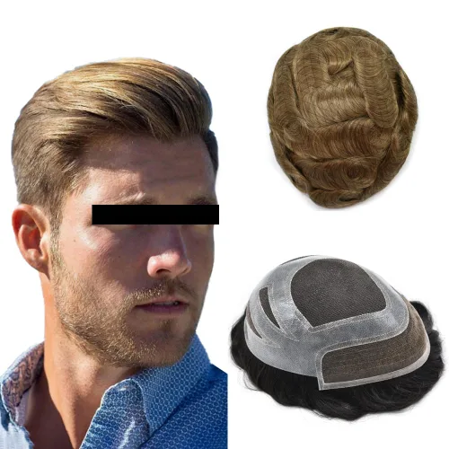 Miniatura 28 de Toupee For Men Human Hair Men's Toupee Hair Replacement System For Men Fine Mono Hair Piece For Men Poly Mens Hair System 8X10 Medium light density