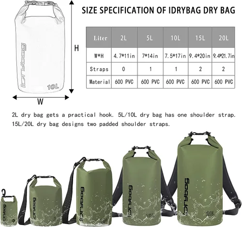 Miniatura 3 de IDRYBAG Bolsa seca para kayak impermeable 2L/5L/10L/15L/20L, pequeña bolsa impermeable para navegación