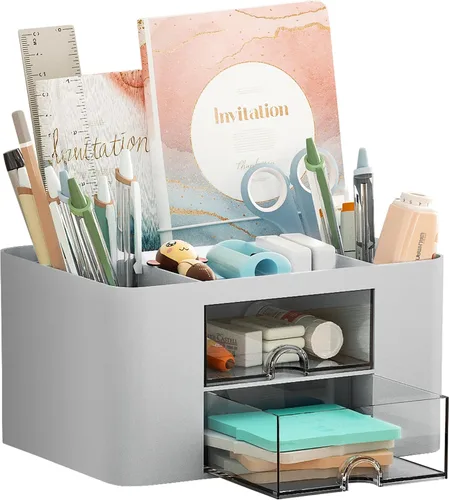 Miniatura 9 de Marbrasse Organizador de bolígrafos con 2 cajones, portaplumas multifuncional para escritorio, organizadores de escritorio y accesorios con 5