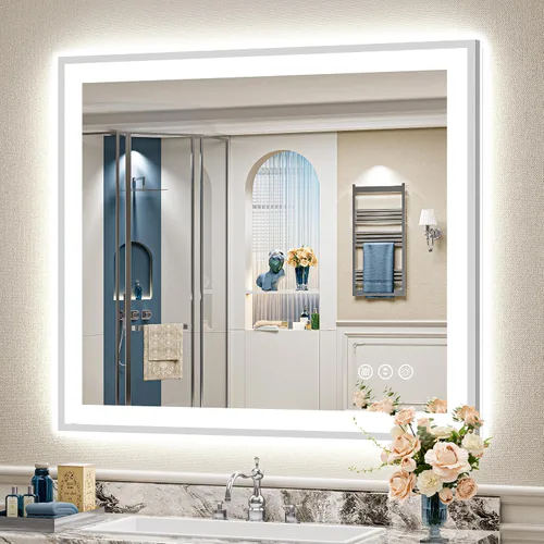 Miniatura 115 de 24x30 Espejo de baño LED con marco negro con luces, retroiluminado + iluminación frontal, espejo de tocador iluminado antivaho para pared de baño