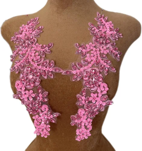 Miniatura 10 de 1 par de decoraciones de vestido de novia de 5.1 x 13.4 in, parches de encaje para coser con cuentas de diamantes de imitación sueltas, piedras
