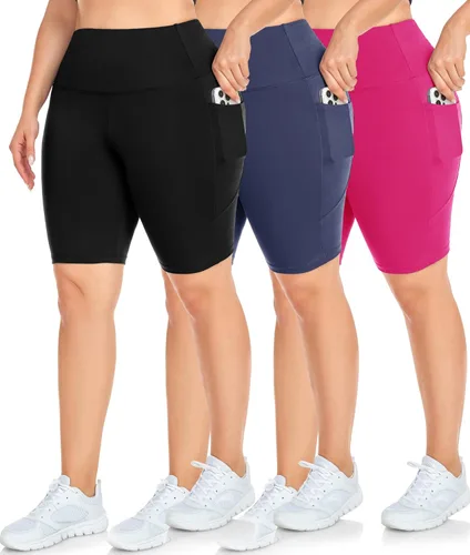 Miniatura 11 de NEW YOUNG Paquete de 3 pantalones cortos de ciclismo de talla grande con bolsillos para mujer, pantalones cortos de entrenamiento de cintura alta