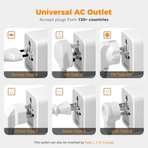 Miniatura 5 de TESSAN Adaptador de viaje universal, adaptador de corriente internacional con 4 puertos USB (1 USB C), adaptador de enchufe mundial cargador