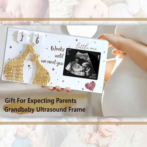Miniatura 7 de Yudarte Ultrasound Picture Frame 4x3 Inch with Baby Countdown Weeks Sonogram - Pregnancy Announcement Golden Giraffe Nails and String Decor - Ideal