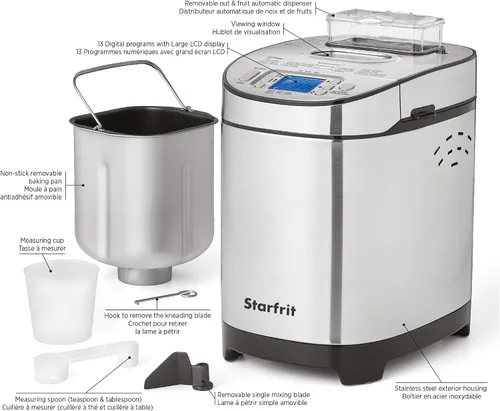 Miniatura 3 de Starfrit Máquina eléctrica para hacer pan, mocasines de 2 libras, sartén extraíble antiadherente, dispensador automático de tuercas, 13 programas