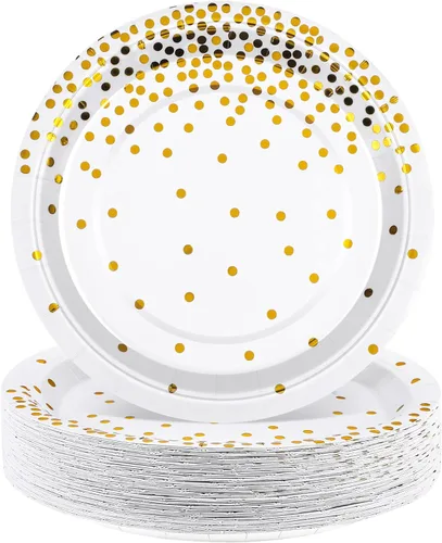 Miniatura 8 de Aneco 60 platos de papel desechables de 9 pulgadas, platos de postre de lunares azules y dorados, platos redondos de papel para bodas, despedidas