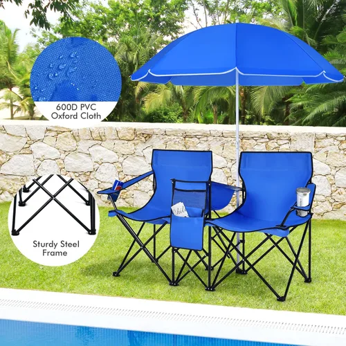 Miniatura 7 de LDAILY LUARANE - Silla plegable doble para campamento, sillas de picnic al aire libre con paraguas extraíble, mini mesa, portavasos y bolsa de Azul
